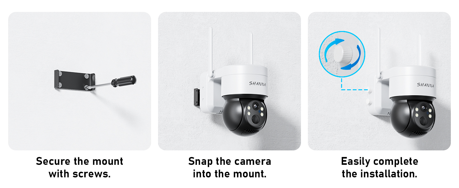 Installation guide showing three steps for mounting a security camera: securing mount, snapping camera into place, and completing installation. Simple technical illustrations with arrows.