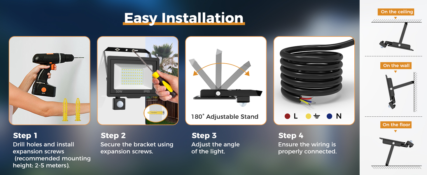 Installation guide for product with 5 steps. Images show drill, mounting bracket, adjustable arms, hose, and final setup. 'Easy Installation' text visible.