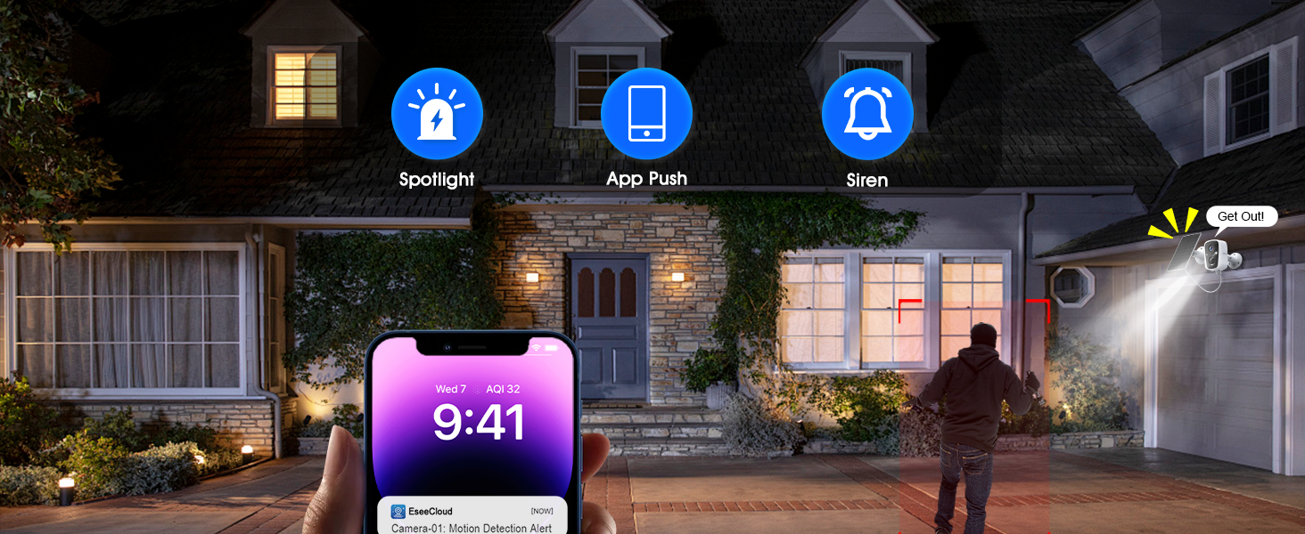 sansco cctv camera solar panel wireless outdoor security house spotlight app push siren remote