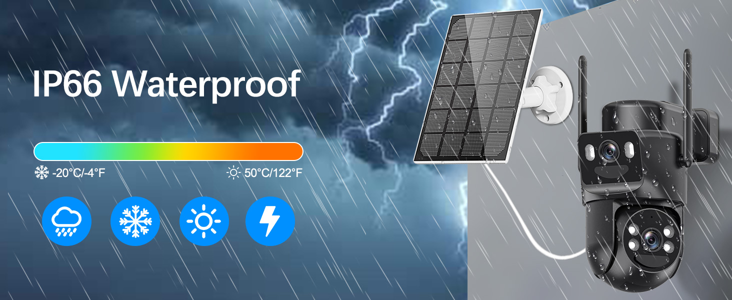 Text reads 'IP66 Waterproof'. Security camera promotional image showing weather resistance icons for rain, snow, heat and connectivity features.