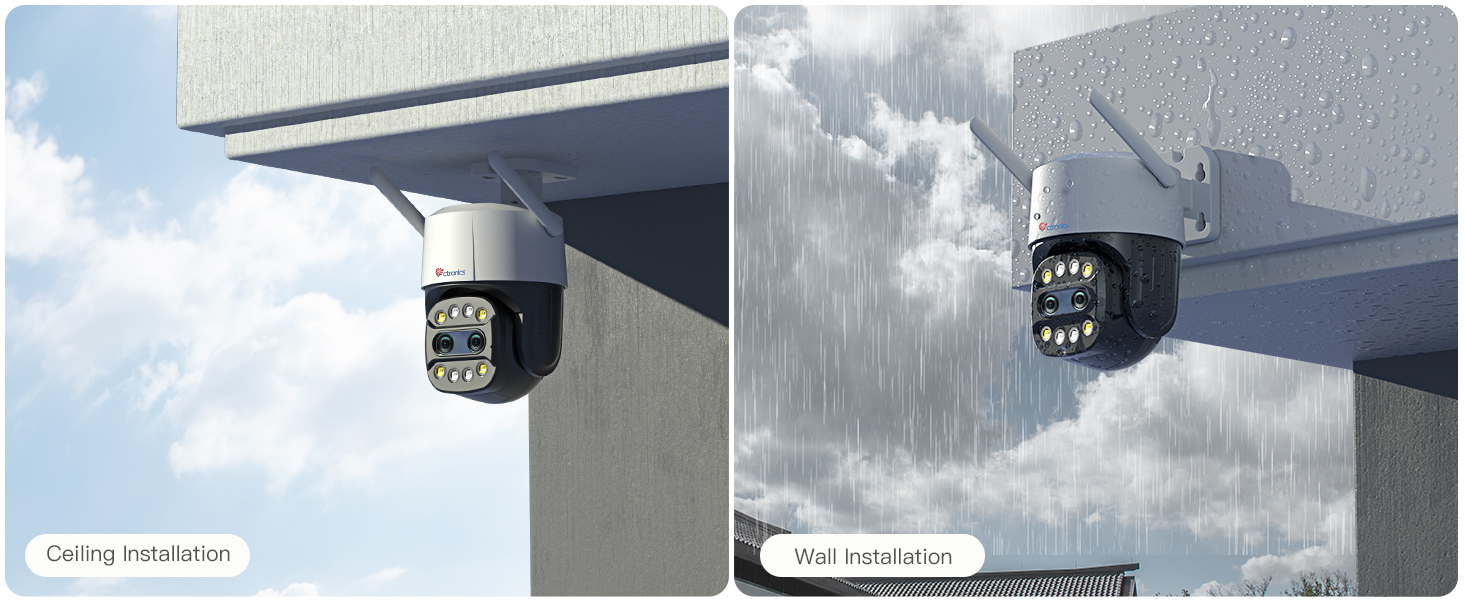Outdoor security camera mounted on building corner. Split image shows camera performance in clear and rainy conditions.