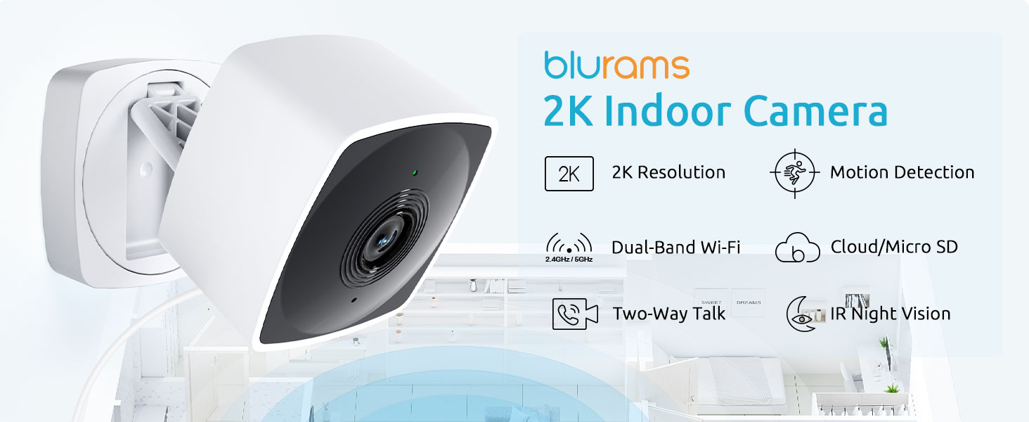 White indoor security camera with 2K resolution, motion detection, dual-band Wi-Fi, and night vision. Features include two-way audio and AI human detection.