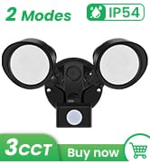 Dual-headed security light with motion sensor, featuring 4 modes and IP65 waterproof rating. Black mounting base with adjustable LED lights and remote control.