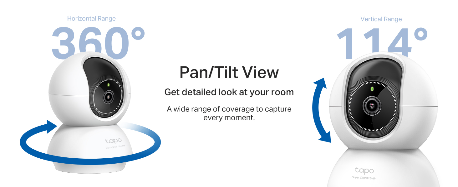 Security camera rotation capabilities diagram showing 360-degree pan view and 114-degree tilt range.