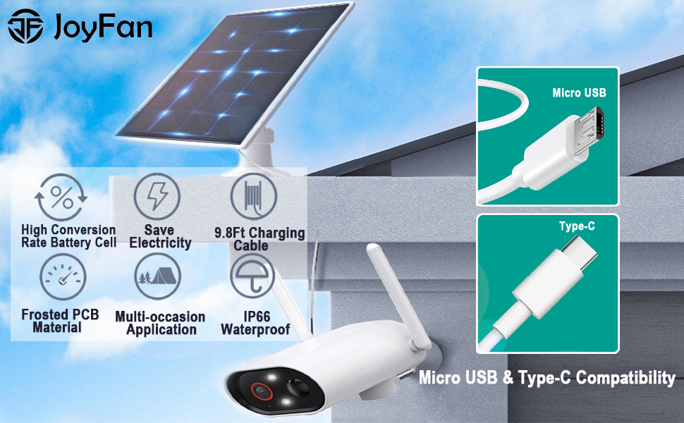 JoyFan solar-powered security camera with features like high-capacity battery, motion detection, IP66 waterproof rating, and USB-C compatibility.