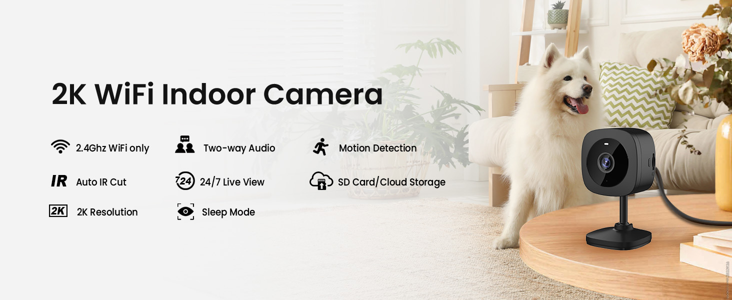 Black 2K WiFi indoor security camera with features including two-way audio, motion detection, and 24/7 live view, shown in living room setting with pet.