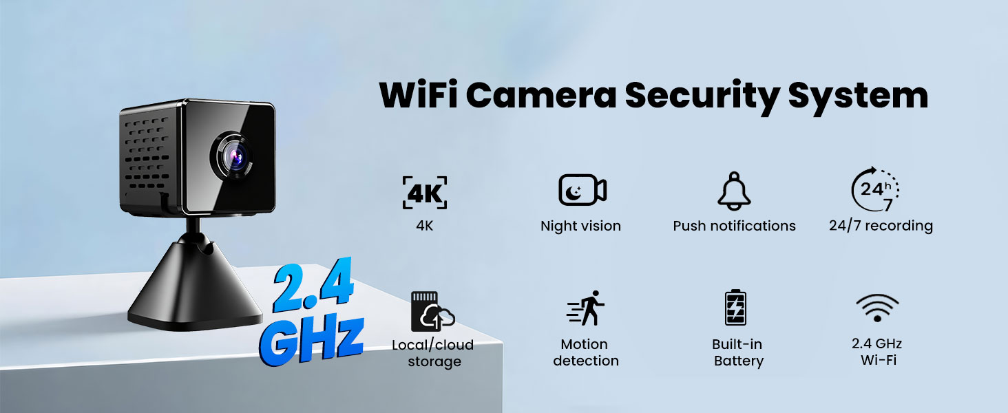 Text reads 'WiFi Camera Security System'. Product features with icons showing 4K resolution, night vision, motion detection, 24/7 recording, and WiFi connectivity.