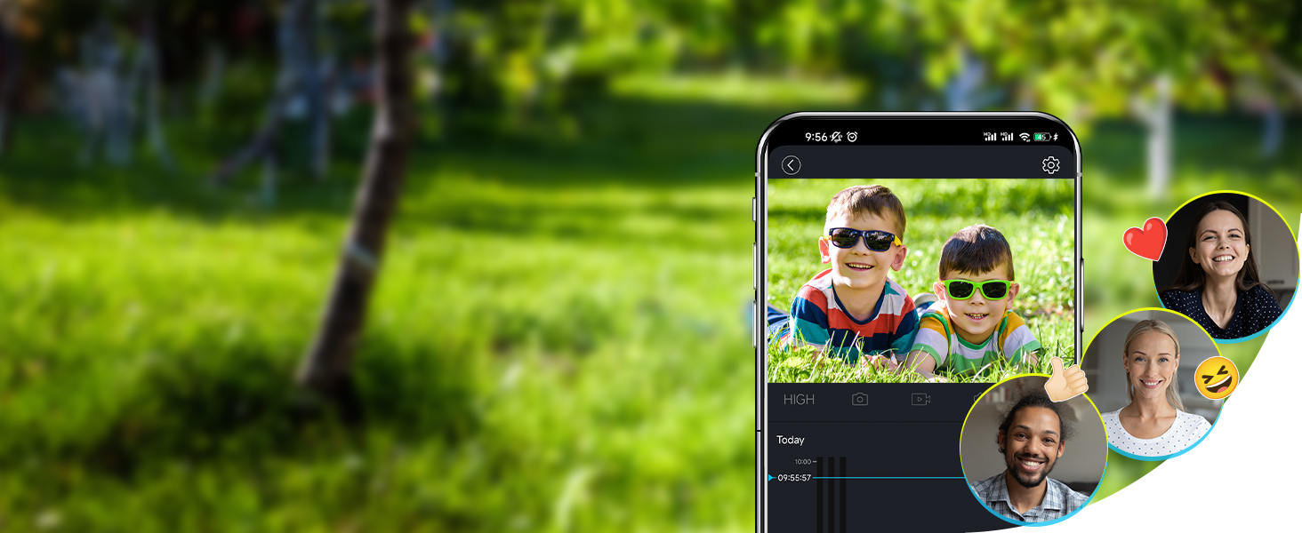 Smartphone screen displaying a group video call interface with multiple participants. Blurred outdoor background visible behind the device.