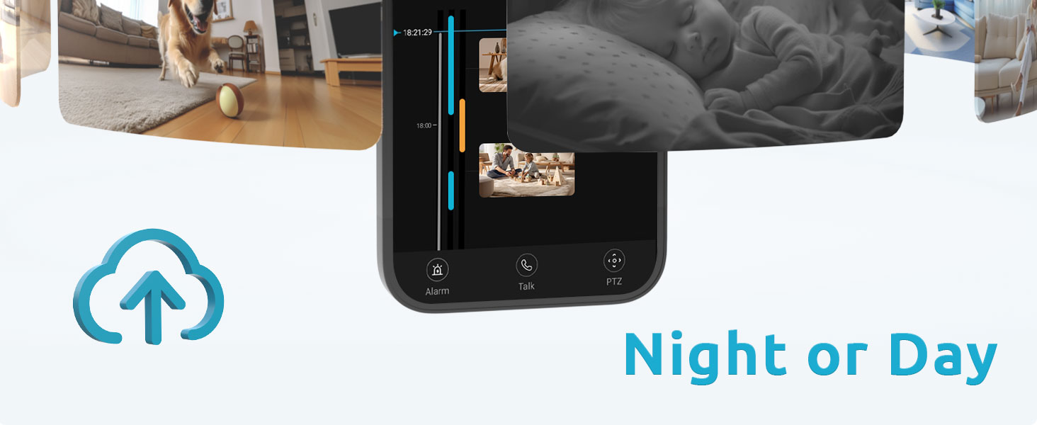 Smartphone screen displaying a night vision camera app. Shows toggle for switching between night and day modes, with cloud upload icon.