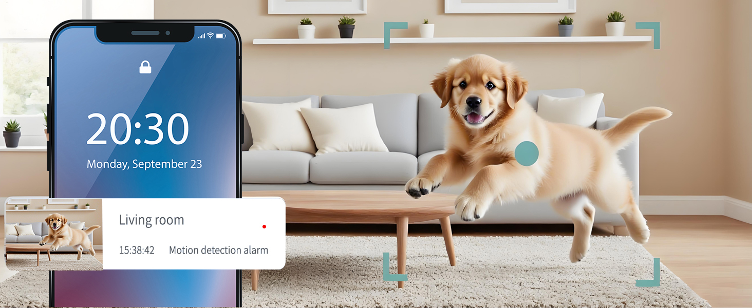 Smart home interface screenshots showing pet monitoring system with timestamp '20:30' and living room view of dog in modern interior setting.
