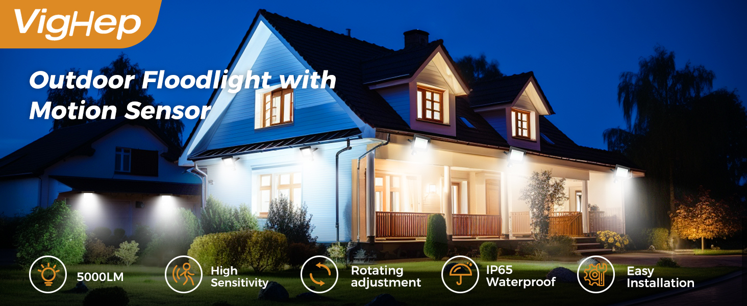 VigHep outdoor floodlight with motion sensor. Features include 5500LM brightness, high sensitivity, rotating adjustment, IP65 waterproof rating, and easy installation. House with lit windows in background.