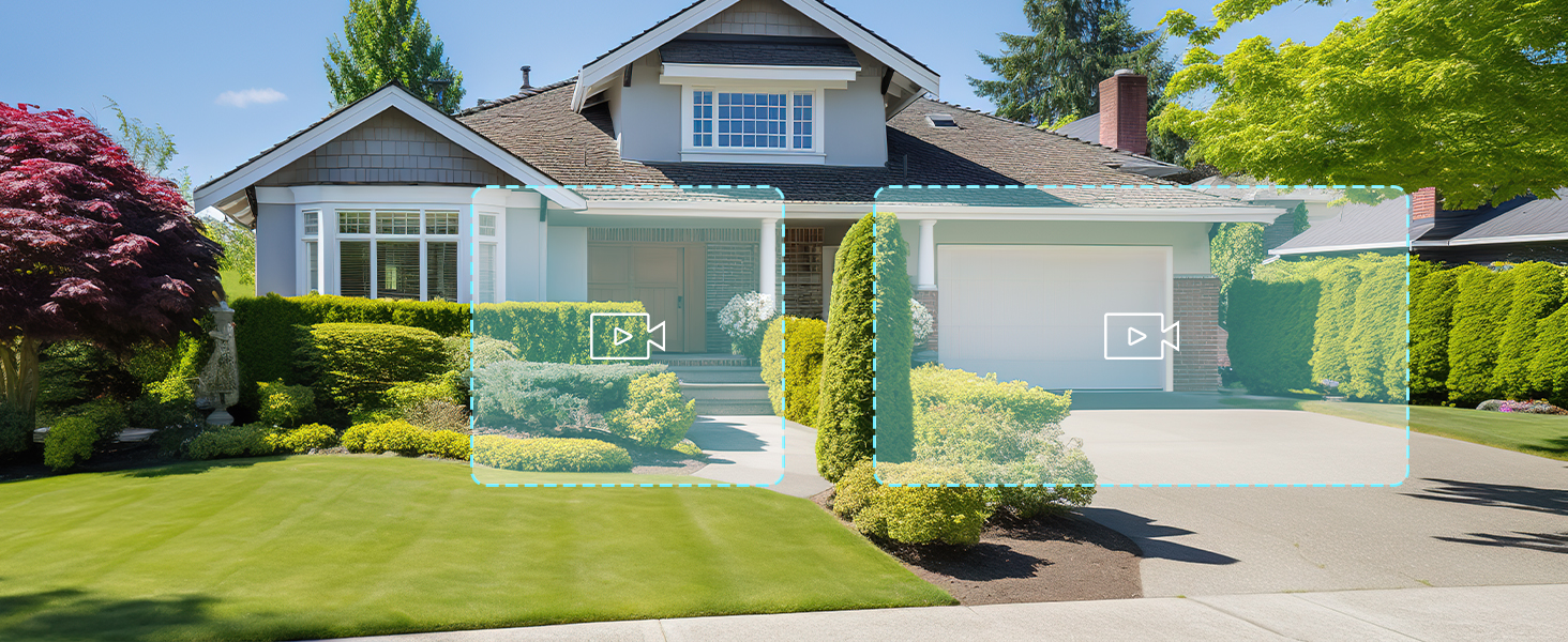 Two-story suburban house with green lawn, white trim, and attached garage. Features bay window, second-floor balcony, and well-maintained landscaping with shrubs and trees.