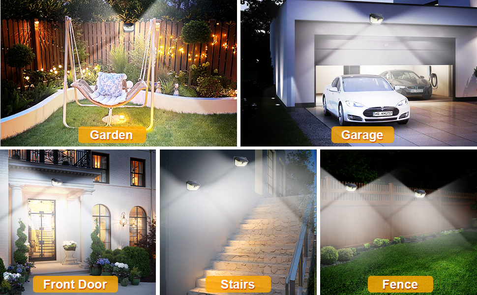 Outdoor motion-activated security lights showcased in various settings: garden, garage, front door, stairs, and fence. Each area labeled accordingly.