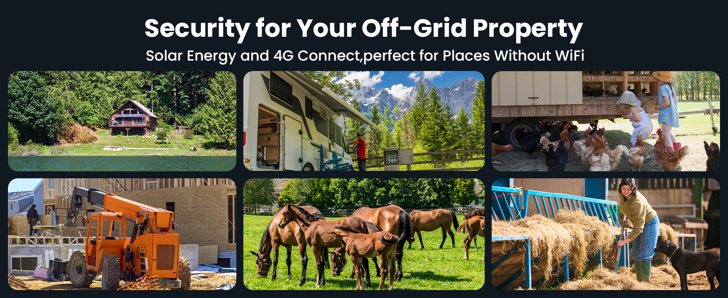 Text reads 'Security for Your Off-Grid Property'. Collection of outdoor scenes showing rural properties, farm animals, and equipment in natural settings.