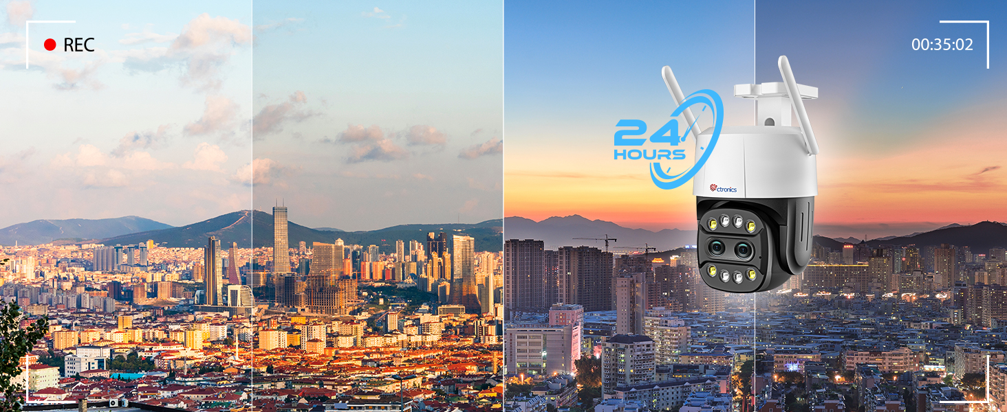 Outdoor security camera overlooking urban skyline. Features night vision capabilities and 360-degree rotation for comprehensive surveillance.