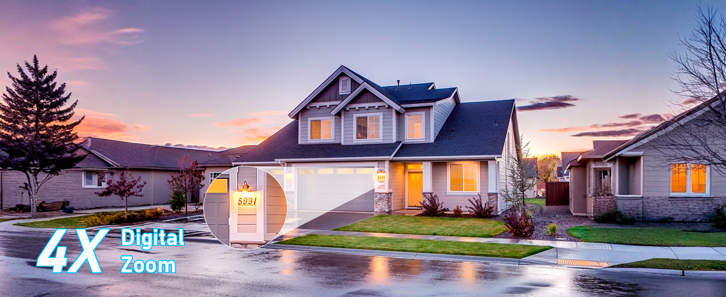 Text reads '4X'. Nighttime exterior views of residential homes with illuminated windows and landscaping. Multiple houses shown in twilight/dusk lighting conditions.