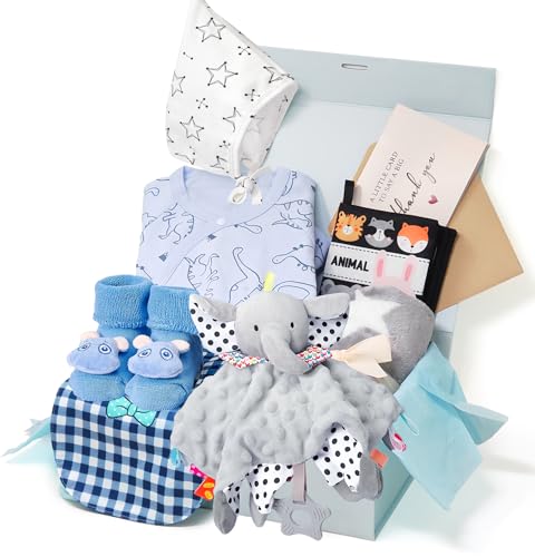 Newborn Baby Gifts Hamper Set with Gift Box Blanket Onesie Security Blanket Socks Hat Bibs Cards