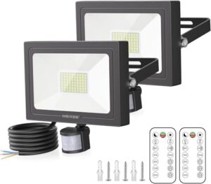MEIKEE Security Lights Outdoor Motion Sensor 60W 5200 Lumen Outdoor PIR Lights with Sensor & Remote Control Adjustable 12m Sensing Distance Dimmable IP66 Waterproof for Garden Garage Forecourt 2 Pack            [Energy Class F]