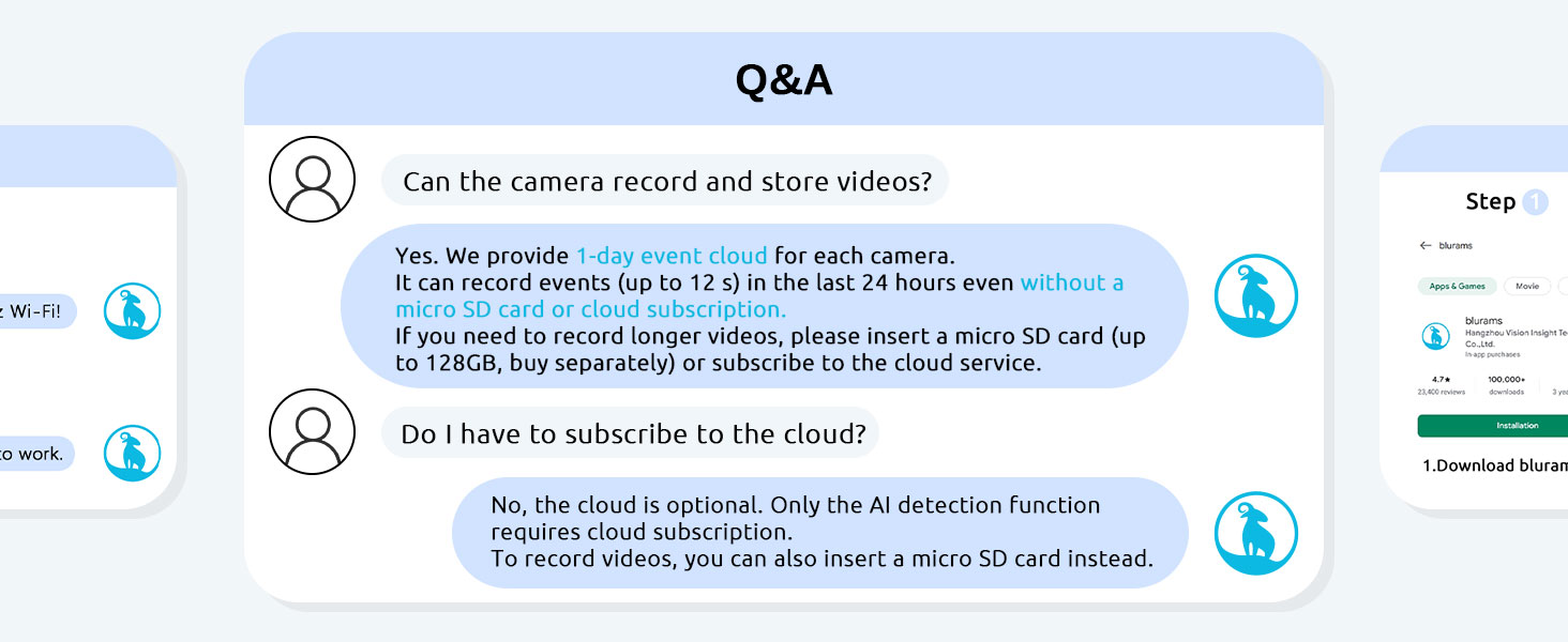 Q&A interface screenshot showing questions about camera recording and cloud subscription for a security system.