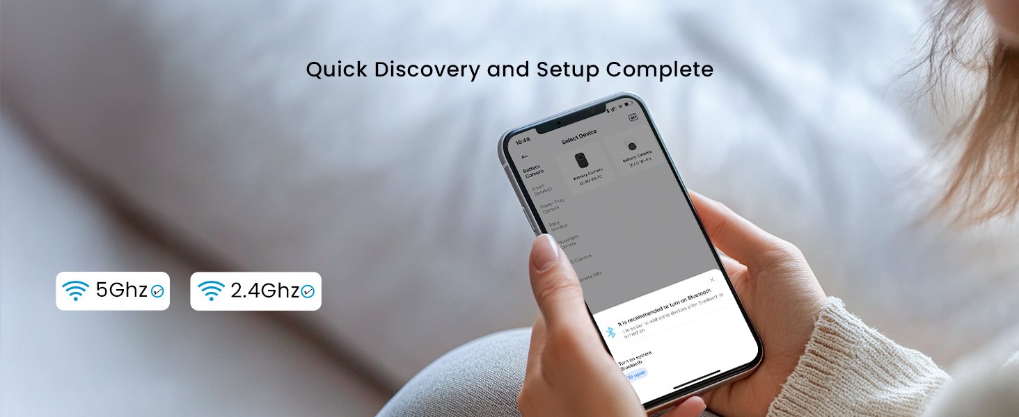 Smartphone displaying setup screen, held in hand. Text reads 'Quick Discovery and Setup Complete'. WiFi icons show '5GHz' and '2.4GHz' options.