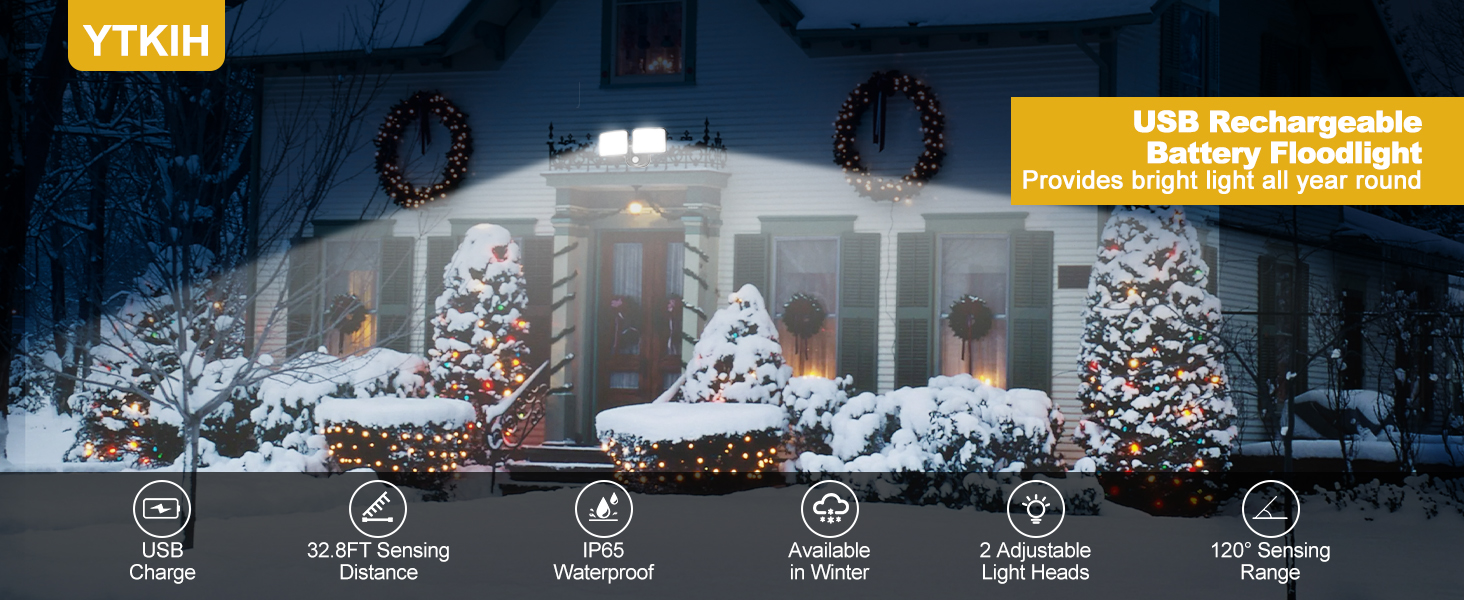 Sequence showing outdoor holiday lighting installation process with snowy Christmas trees and house facade, featuring rechargeable battery-powered lights with six setup steps.