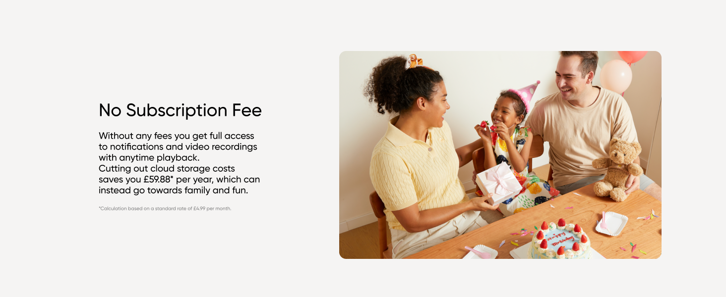 Marketing image showing family activity, with text overlay about 'No Subscription Fee' against a white background.