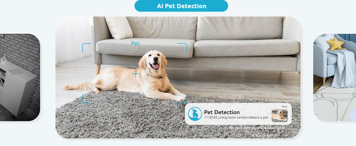 Smart home device with AI pet detection feature. Golden retriever dog lying on rug in living room, with sofa and device interface overlay.