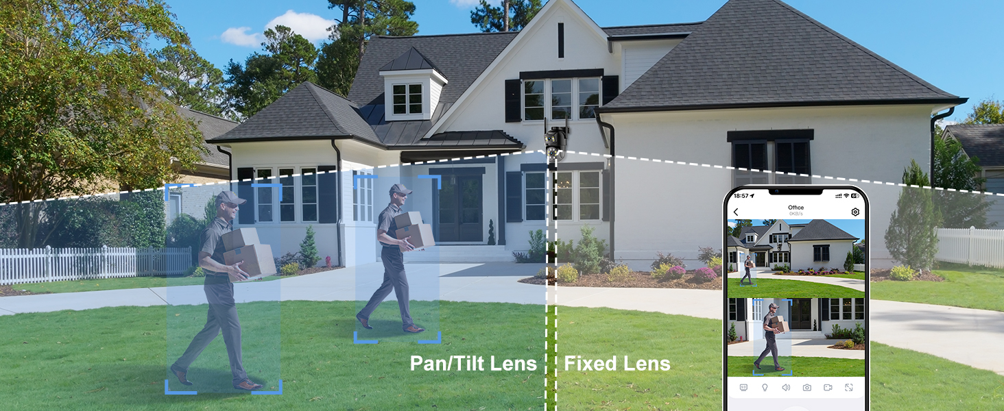 Text reads 'PerfTek Lens' and 'J.Led Lens'. Split-panel marketing image showing residential house exterior with overlaid camera lens demonstration views.