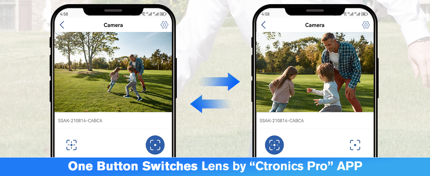 Smartphone app interface showing camera view with people playing. Text indicates 'One Button Switches Lens by
