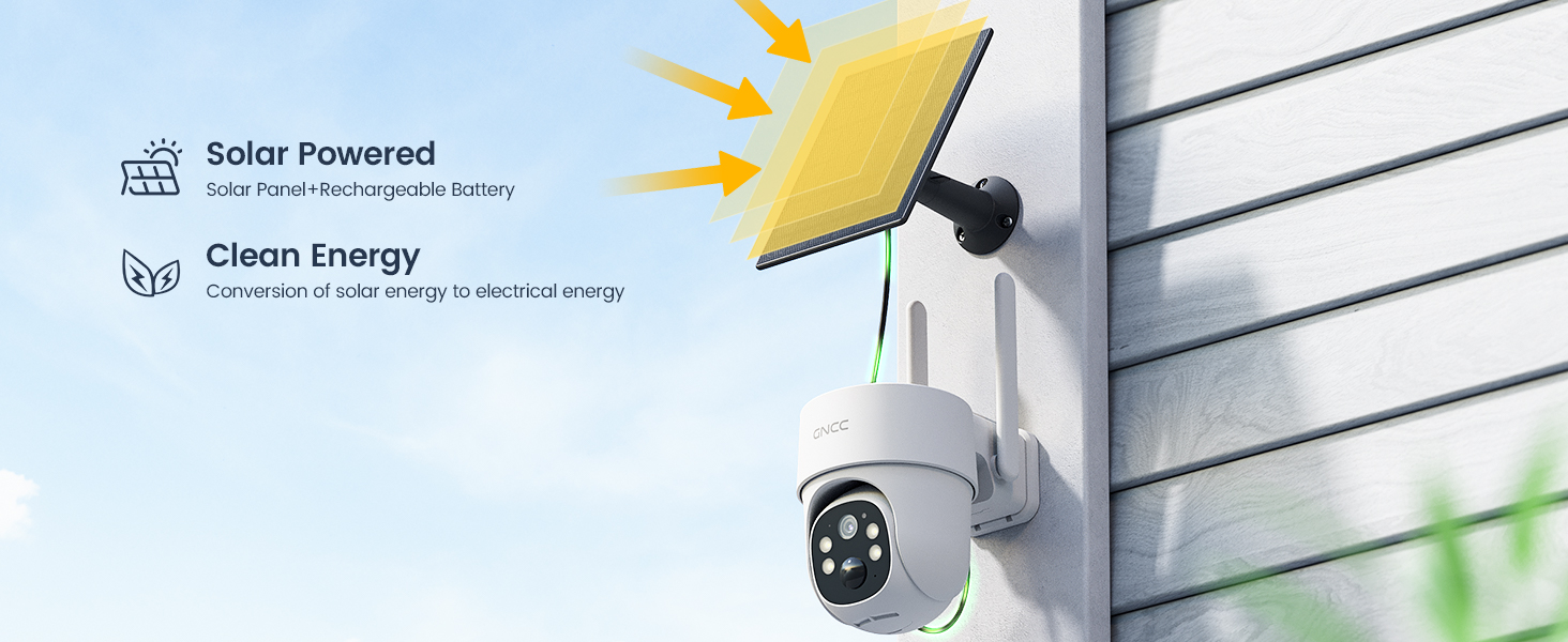 Solar-powered security camera with clean energy icons, mounted on exterior wall, featuring white housing and multiple LED lights.