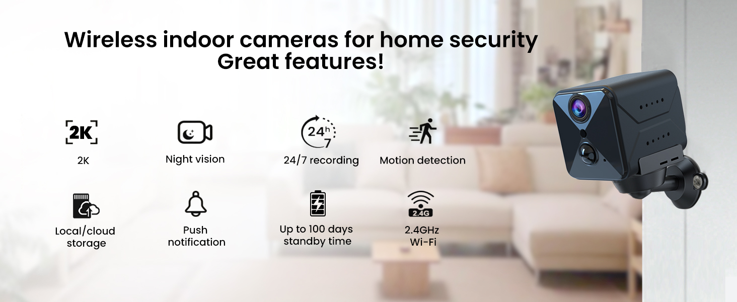 Wireless indoor security camera with features including 2K resolution, night vision, 24/7 recording, motion detection, two-way audio, and mobile app control.