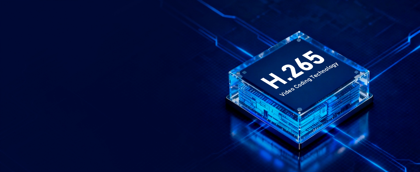 Text reads 'H235'. Close-up of illuminated blue technological component or chip against dark background.
