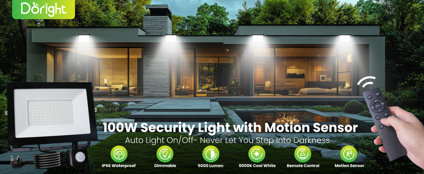 Text reads: '100W Security Light with Motion Sensor'. Series of images showing outdoor security lights illuminating various areas at night.
