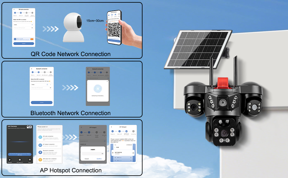 Text reads 'Full Color Night-Vision & Real-Time Alarm'. Security camera footage showing nighttime surveillance views of outdoor areas.