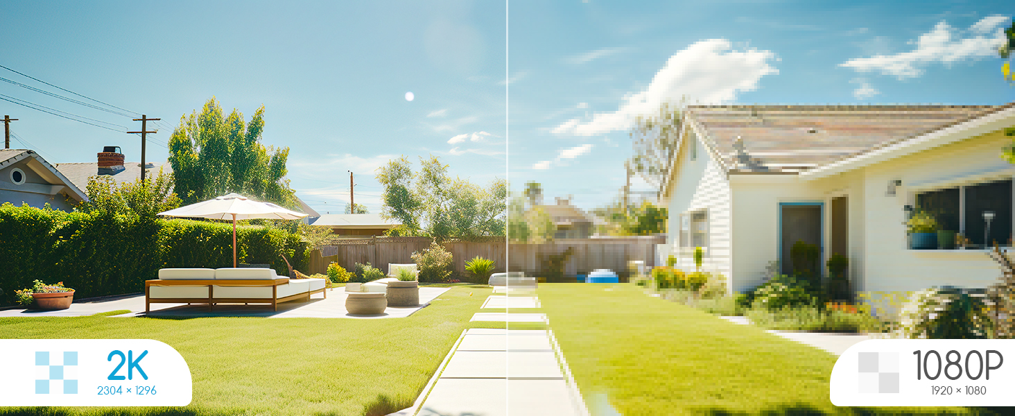 Suburban house exterior with green lawn, concrete pathway, and trees. Image quality comparison shown with '2K' and '1080P' labels.