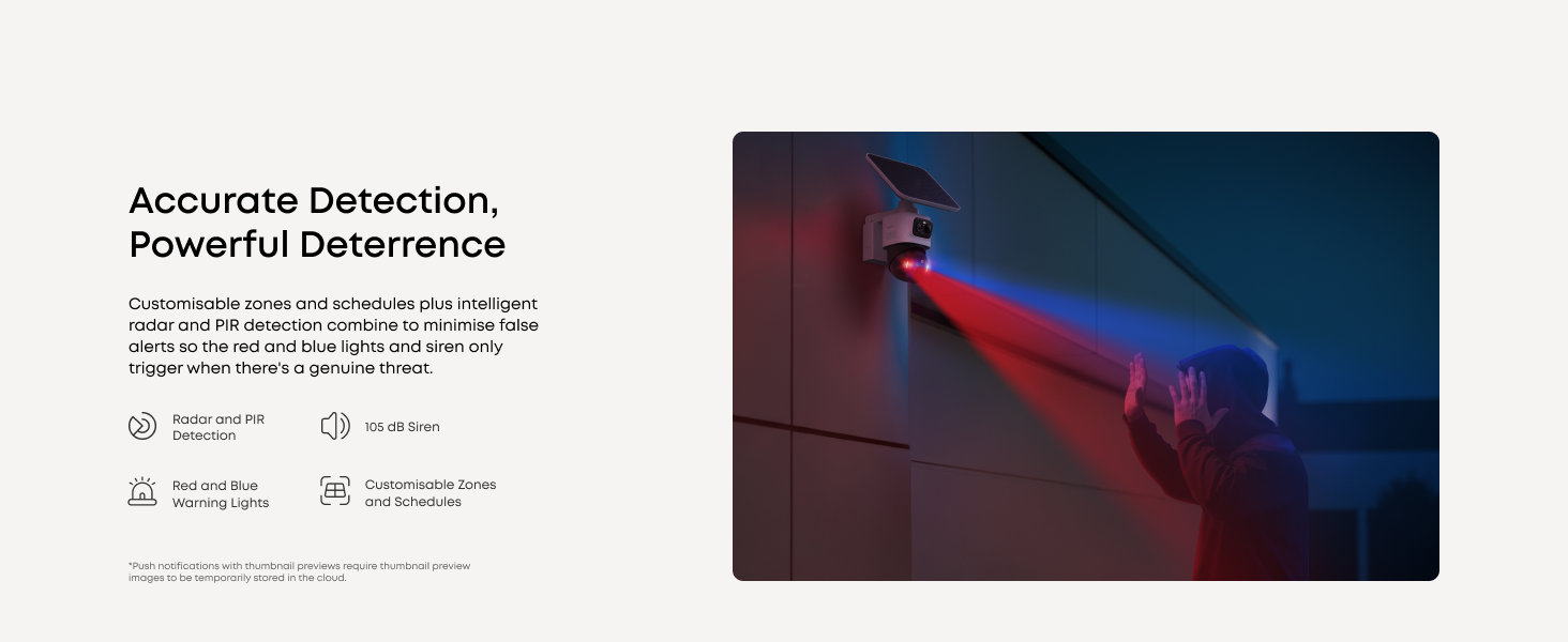 Text reads 'Accurate Detection, Powerful Illumination'. Dark indoor scenes showing red illumination or detection equipment in operation.