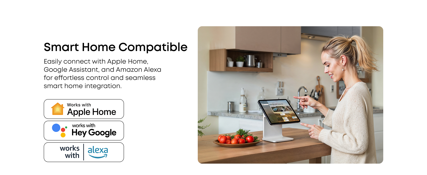 Text reads 'Smart Home Compatible' with Apple Home and Hey Google logos. Image shows kitchen scene with tablet device and fresh produce on counter.