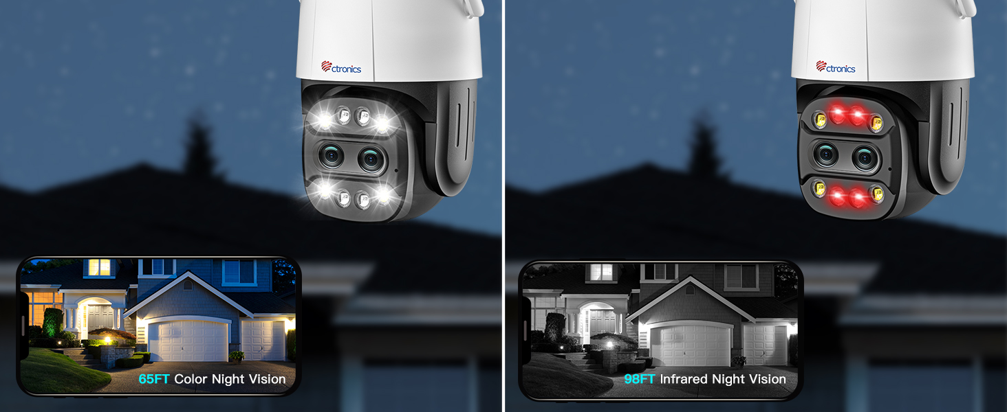 Security camera comparison showing night vision capabilities - left image displays color night vision, right shows enhanced night vision of the same residential scene.
