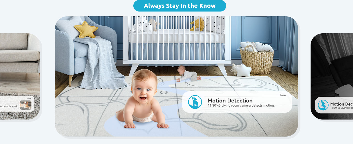 Baby monitor system featuring motion detection and dual-end communication. Image shows a nursery setting with crib and monitoring device.