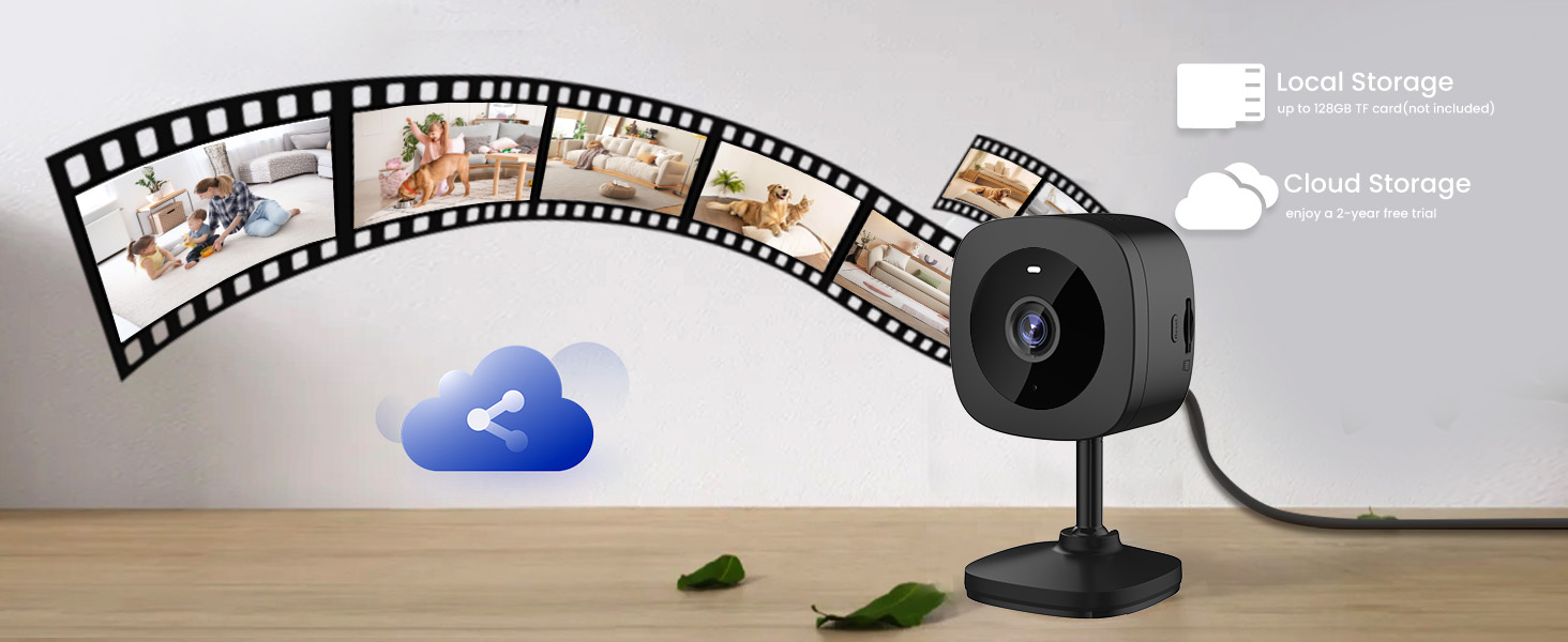 Illustration of a small black security camera with a film strip showing various home scenes. Icons represent local and cloud storage options.