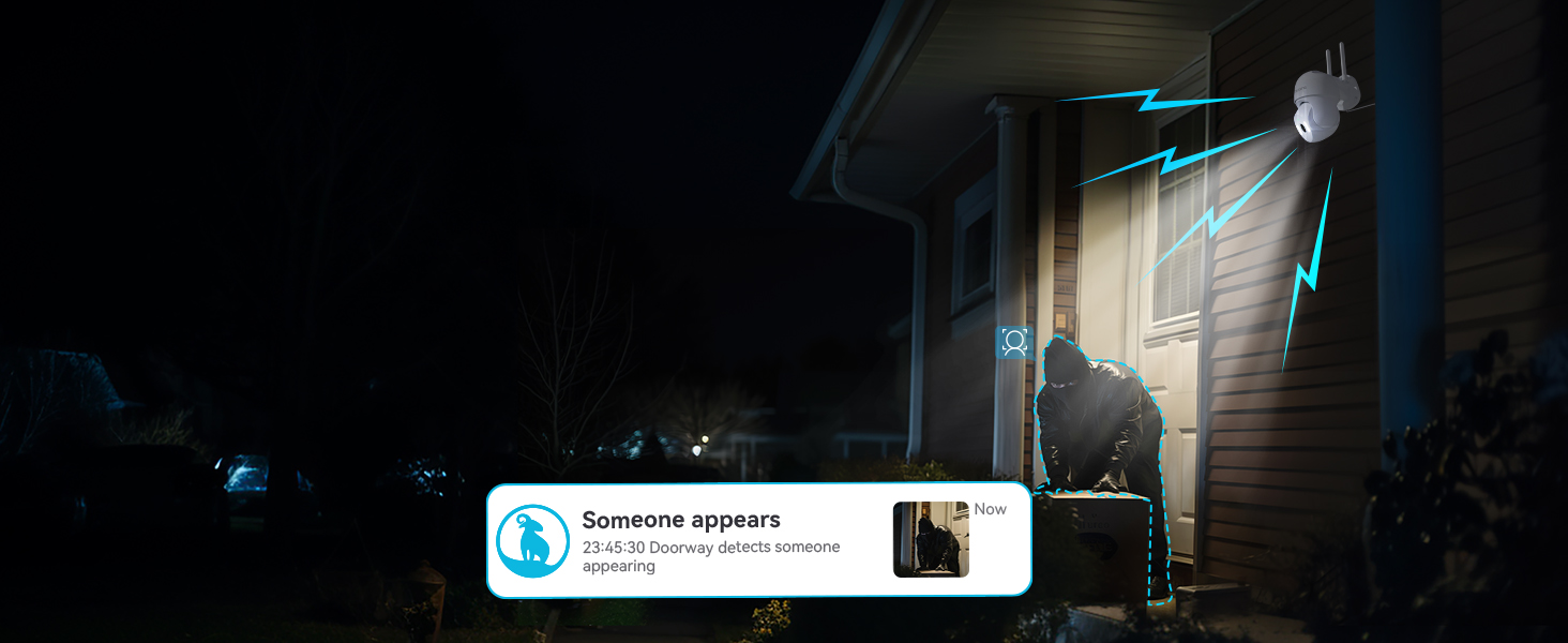 Night scene of house exterior with porch light on. Notification overlay shows message icon and partial text.