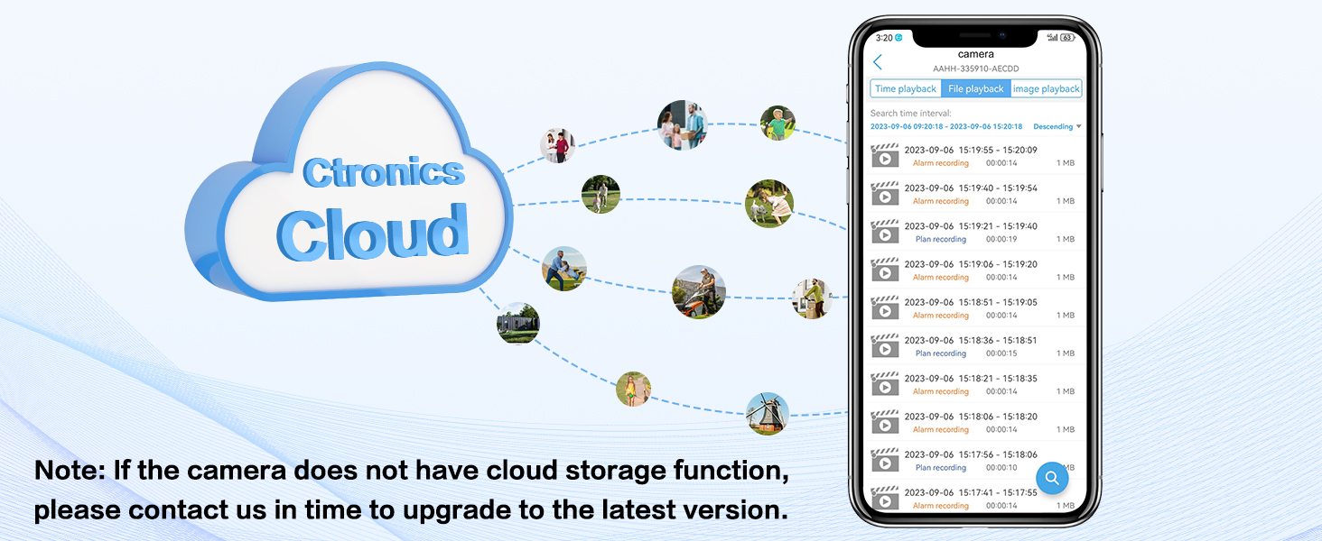 Smartphone displaying cloud storage app interface next to cloud icon labeled 'Ctronics Cloud'. Connected icons represent device compatibility.