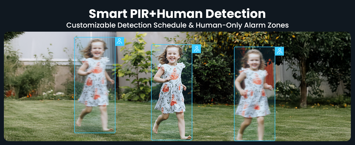 Text reads 'Smart PIT+Human Detection'. Sequence showing movement detection technology with blue tracking lines and boxes in outdoor setting.