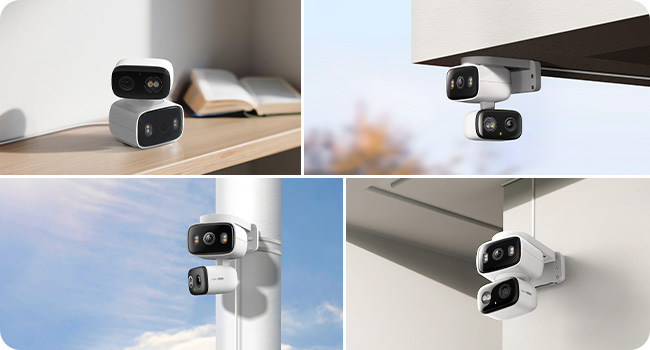 Series of images showing black security cameras being installed or mounted in various outdoor positions.