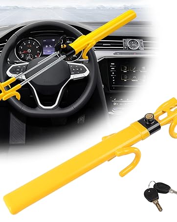 Multiple views of a yellow and black steering wheel lock security device, showing different angles and locking positions.