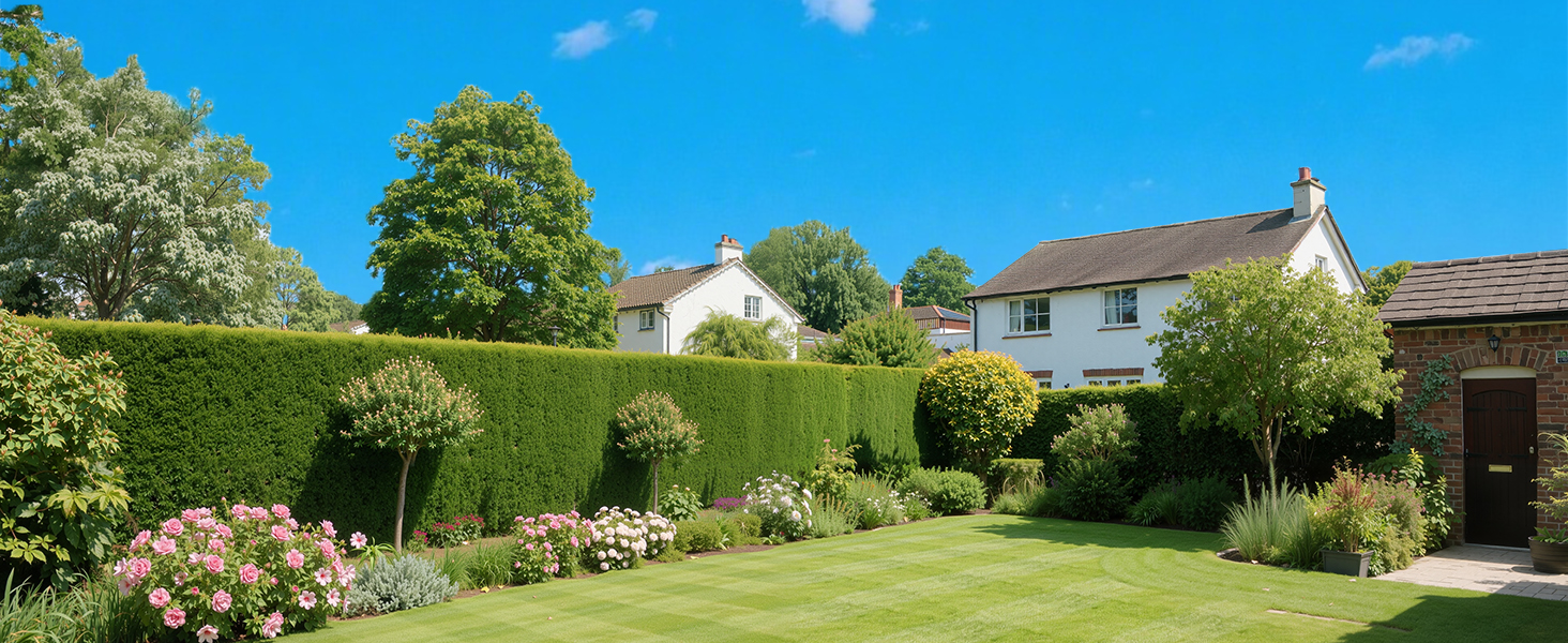 Text reads 'Image 1'. Well-maintained garden with tall green hedge border, flowering bushes, and manicured lawn. White residential houses visible in background.