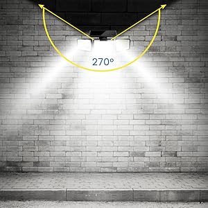Outdoor security light illustration showing 120-degree wide beam angle and 16-28ft range, illuminating a person walking towards a building.