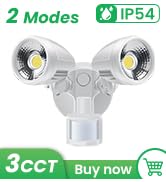 Dual-headed outdoor security light with two modes, IP54 rating, and 3CCT color temperature options. Features two adjustable LED spotlights mounted on a black base.