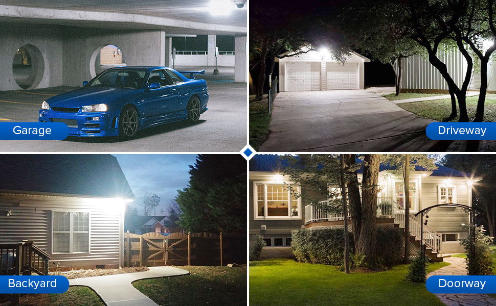 Four-panel image showcasing outdoor lighting in different settings: garage with blue sports car, illuminated driveway, lit backyard, and brightly lit house entrance.