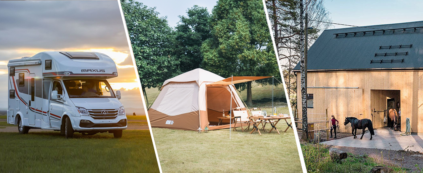 Composite image showcasing outdoor accommodation options: a motorhome parked at sunset, a tent in a grassy field, and a wooden stable with horses.
